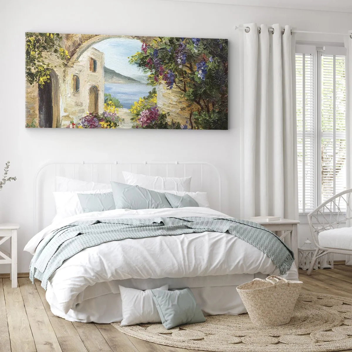 Quadro su tela - Stampe su Tela - Paesaggio marino con edifici in pietra e fiori - 160x50cm - La bellezza della provincia costiera - Decorazione murale moderna per soggiorno e camera da letto ARTTOR
