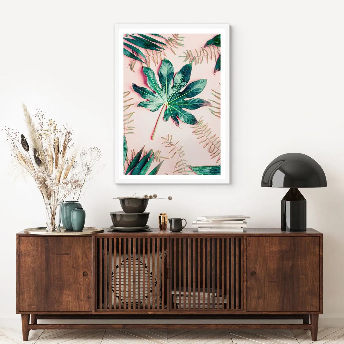Poster in cornice bianca - Studio di verde su sfondo rosa - 70x100 cm
