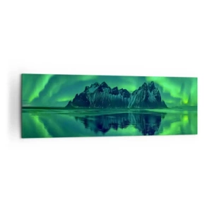 Quadro su tela - Stampe su Tela - Montagne circondate dall'aurora boreale riflessa nell'acqua - 160x50cm - Tra le braccia dell'aurora boreale - Decorazione murale moderna per soggiorno e camera da letto ARTTOR