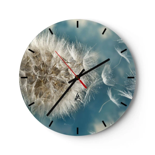 Orologio da parete - Orologio in Vetro - Un dente di leone contro un cielo azzurro con semi galleggianti - 30x30cm - Il respiro dell'angelo - Decorazione murale moderna per soggiorno, cucina e camera da letto ARTTOR