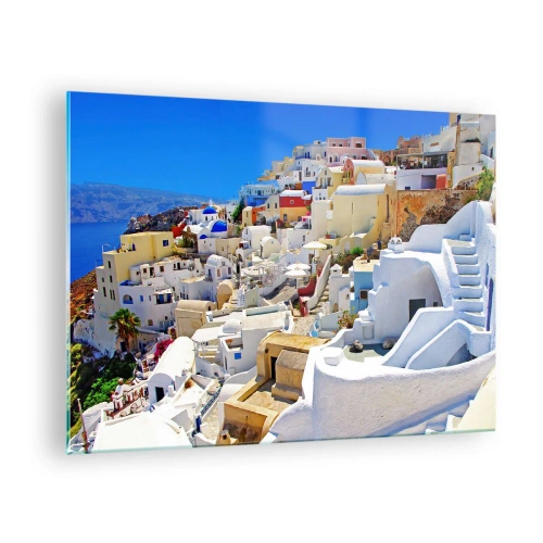 Quadro su vetro - Santorini con case bianche contro un cielo blu - 70x50cm - Sogno di un'estate greca - Decorazione murale moderna per soggiorno e camera da letto ARTTOR