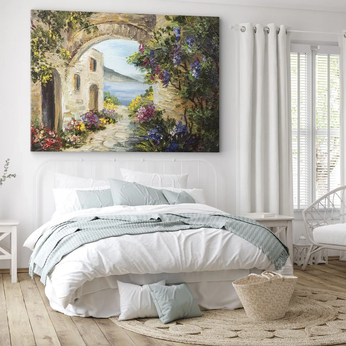 Quadro su tela - Stampe su Tela - Paesaggio marino con edifici in pietra e fiori - 70x50cm - La bellezza della provincia costiera - Decorazione murale moderna per soggiorno e camera da letto ARTTOR