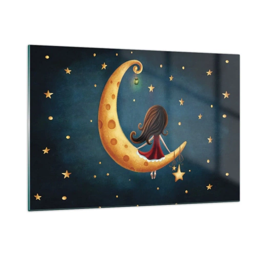 Quadro su vetro - Una ragazza sulla luna tra le stelle su uno sfondo blu navy - 120x80cm - Una volta... - Decorazione murale moderna per soggiorno e camera da letto ARTTOR