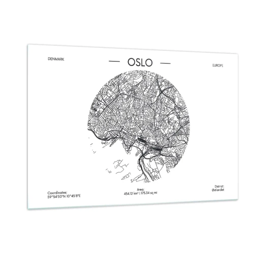 Quadro su vetro - Mappa della città di Oslo in stile grafico in bianco e nero - 120x80cm - Anatomia di Oslo - Decorazione murale moderna per soggiorno e camera da letto ARTTOR