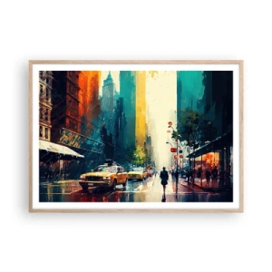 Poster in cornice rovere chiaro - New York: qui anche la pioggia è colorata - 100x70 cm