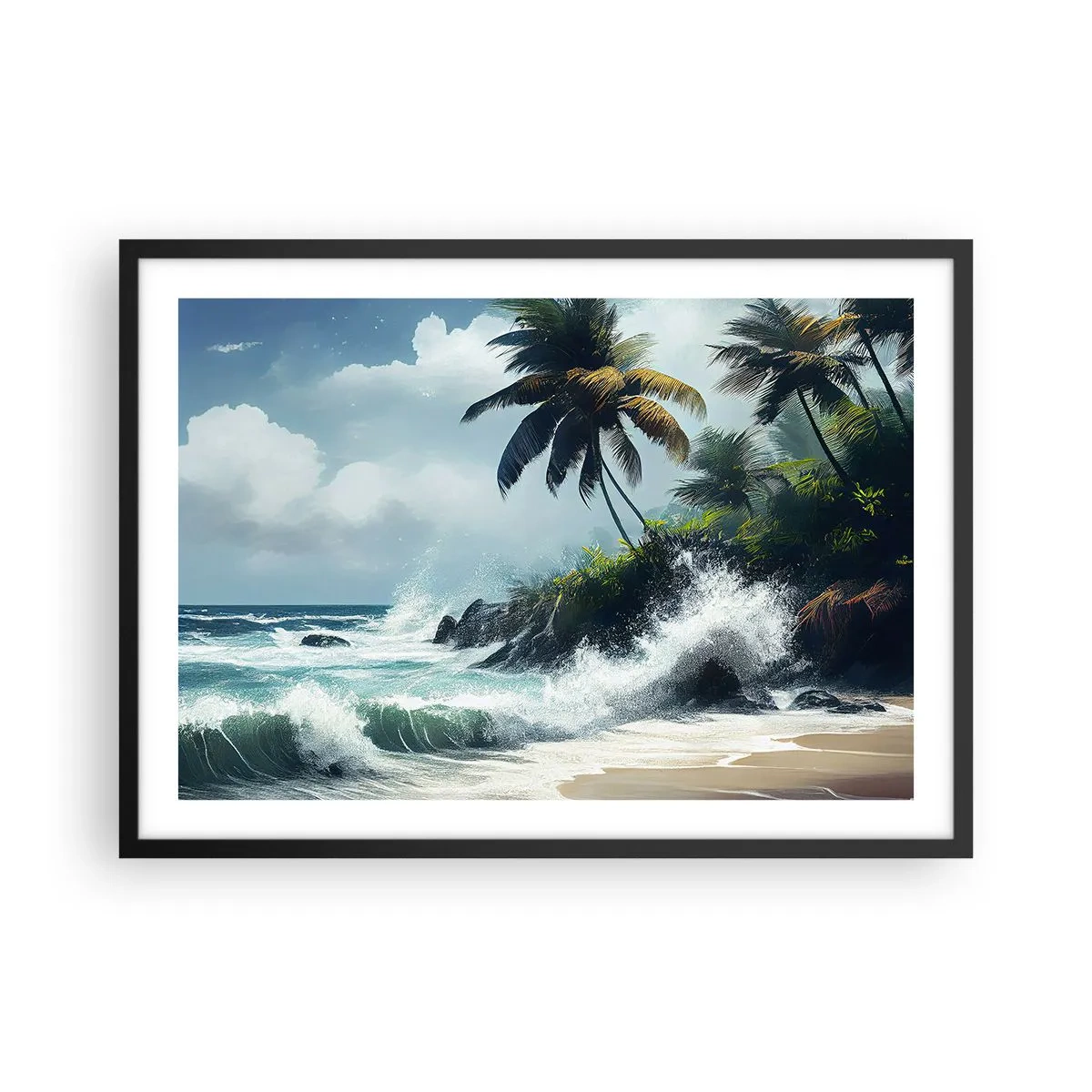 Poster in cornice nera - Costa tropicale con palme e mare agitato - 70x50cm - Sulla riva tropicale - Decorazione murale moderna per soggiorno e camera da letto ARTTOR