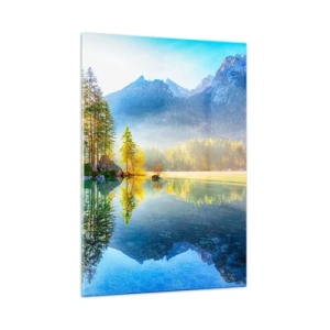 Quadro su vetro - Paesaggio montano con lago e sole mattutino - 50x70cm - Maestà e dolcezza - Decorazione murale moderna per soggiorno e camera da letto ARTTOR