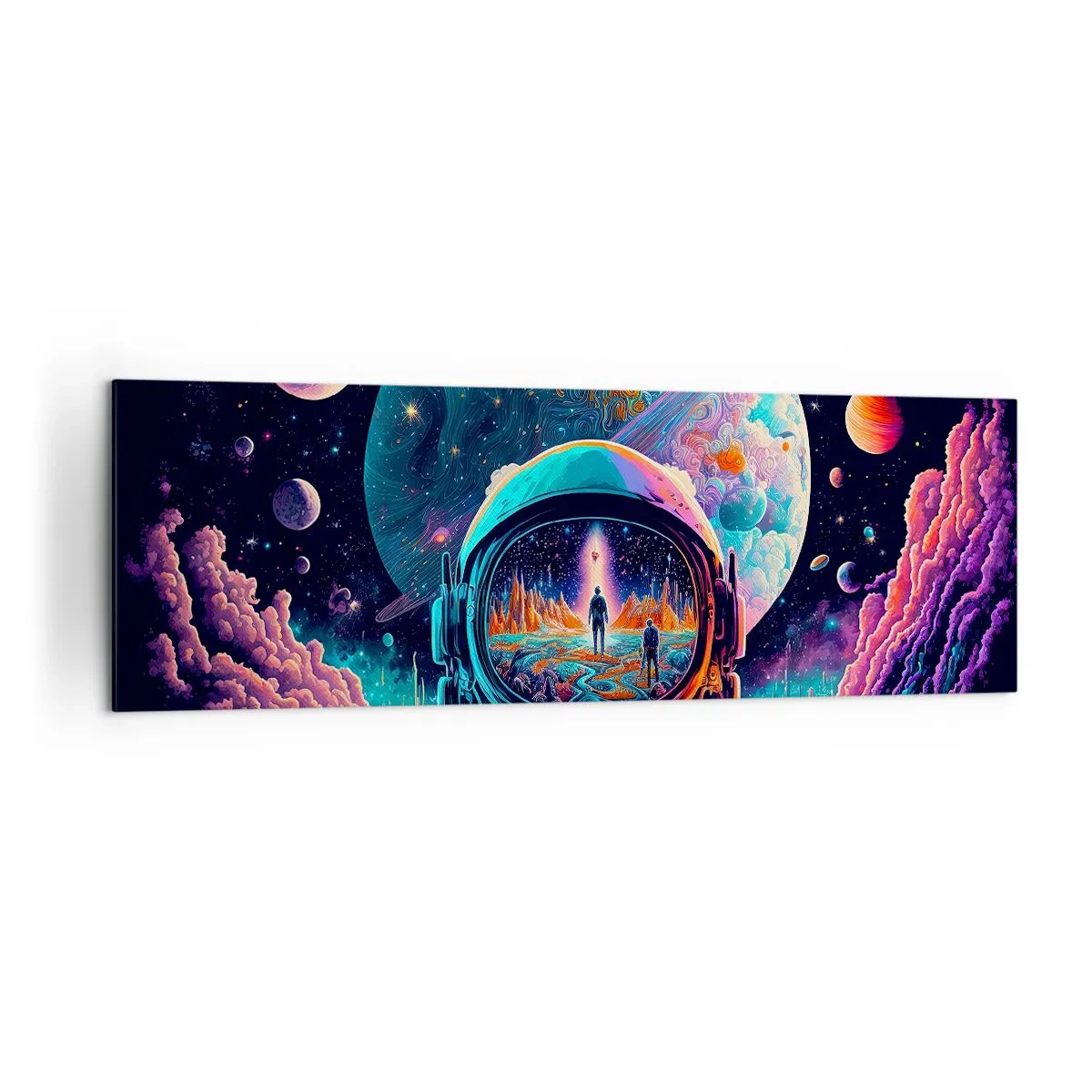Quadro su tela - Stampe su Tela - Astronauta nello spazio con un paesaggio planetario colorato - 160x50cm - I filosofi non l'avevano pensato - Decorazione murale moderna per soggiorno e camera da letto ARTTOR