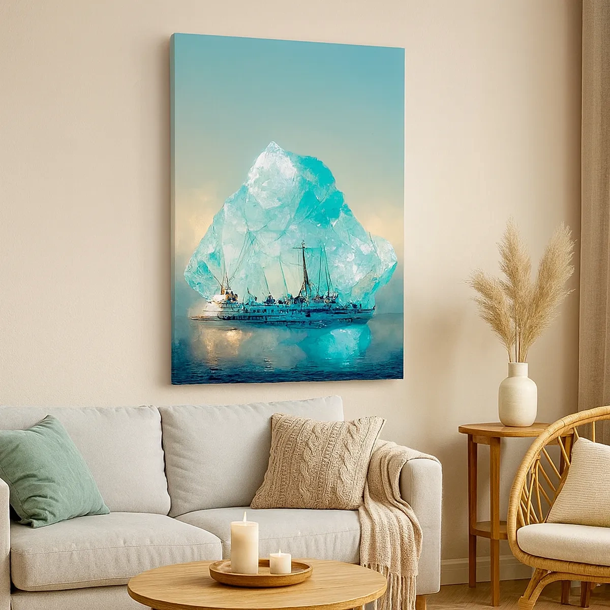 Quadro su tela - Stampe su Tela - Una nave con un maestoso iceberg sullo sfondo - 50x70cm - Brillante artico - Decorazione murale moderna per soggiorno e camera da letto ARTTOR