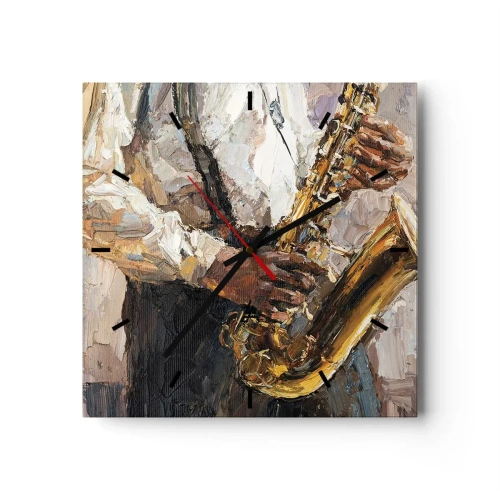 Orologio da parete - Orologio in Vetro - Un musicista che suona il sassofono in uno stile artistico - 30x30cm - Tempo di assolo - Decorazione murale moderna per soggiorno e camera da letto ARTTOR