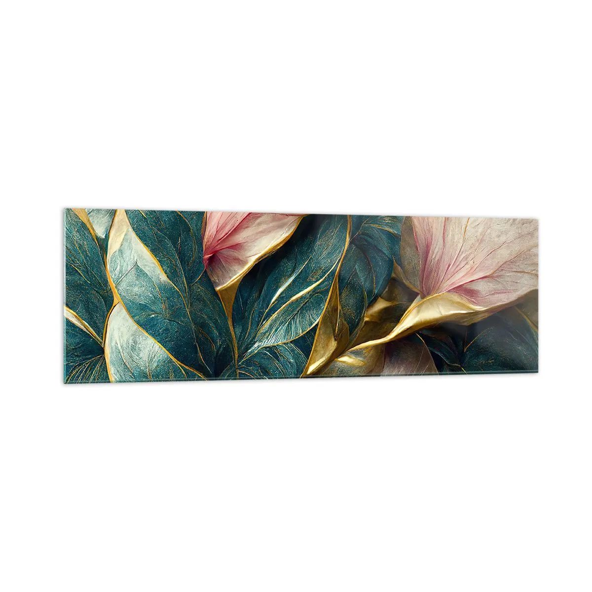 Quadro su vetro - Eleganti foglie in verde, oro e rosa - 160x50cm - Stile ed eleganza naturali - Decorazione murale moderna per soggiorno e camera da letto ARTTOR