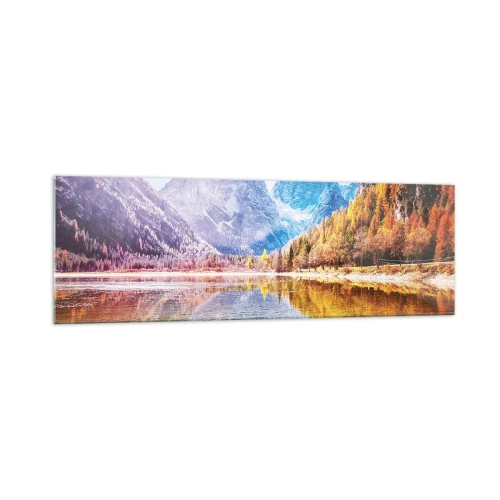 Quadro su vetro - Paesaggio montano autunnale con lago - 160x50cm - E nei monti è già autunno - Decorazione murale moderna per soggiorno e camera da letto ARTTOR