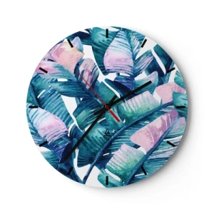 Orologio da parete - Orologio in Vetro - Foglie tropicali nelle tonalità del verde e del rosa - 30x30cm - Nel bananeto - Decorazione murale moderna per soggiorno, cucina e camera da letto ARTTOR