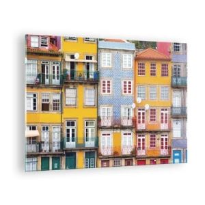 Quadro su vetro - Facciate colorate di case popolari con dettagli sui balconi - 70x50cm - I colori della città vecchia - Decorazione murale moderna per soggiorno e camera da letto ARTTOR