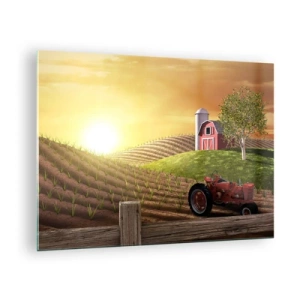 Quadro su vetro - Tramonto su una fattoria con un campo e un trattore - 70x50cm - La fattoria delle favole - Decorazione murale moderna per soggiorno e camera da letto ARTTOR