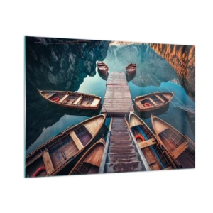 Quadro su vetro - Vista di barche di legno ormeggiate a un molo in montagna - 100x70cm - Aspetto sul molo - Decorazione murale moderna per soggiorno e camera da letto ARTTOR