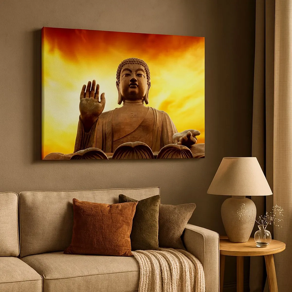 Quadro su tela - Stampe su Tela - Una statua del Buddha contro un cielo dorato al tramonto - 70x50cm - La pace del mondo - Decorazione murale moderna per soggiorno e camera da letto ARTTOR