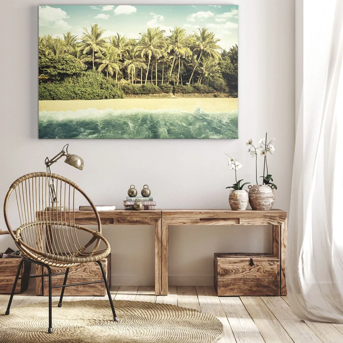 Quadro su tela - Stampe su Tela - Spiaggia tropicale con palme e mare turchese - 120x80cm - Forse qui? - Decorazione murale moderna per soggiorno e camera da letto ARTTOR