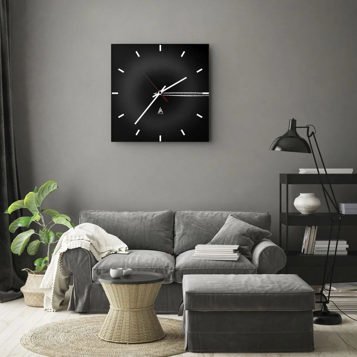 Orologio da parete - Orologio in Vetro - Un aereo a reazione con una scia di condensazione visibile su uno sfondo nero - 30x30cm - In un'altra dimensione - Decorazione murale moderna per soggiorno e camera da letto ARTTOR