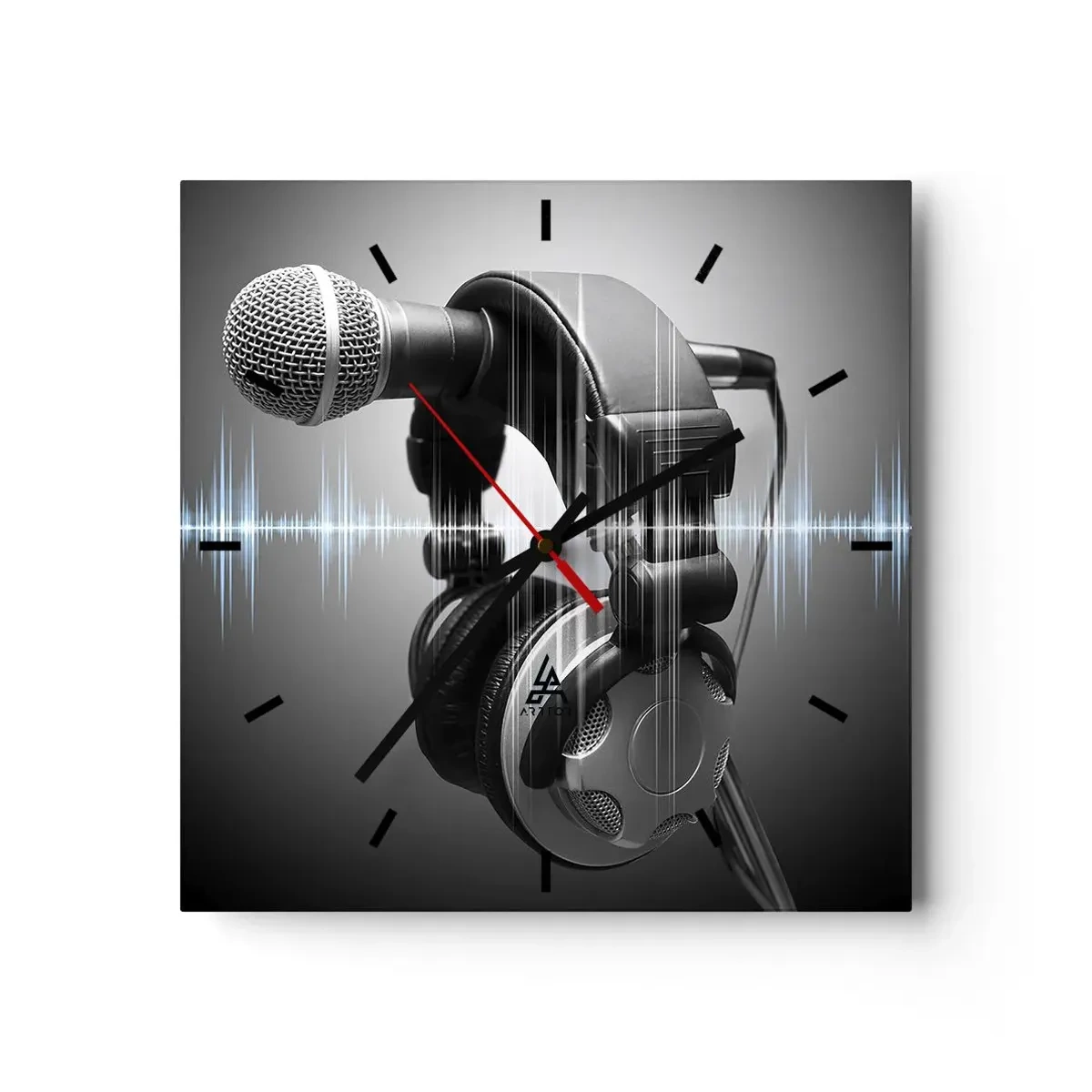 Orologio da parete - Orologio in Vetro - Microfono e cuffie con visualizzazione delle onde sonore sullo sfondo - 30x30cm - Si sente ancora il canto - Decorazione murale moderna per soggiorno e camera da letto ARTTOR