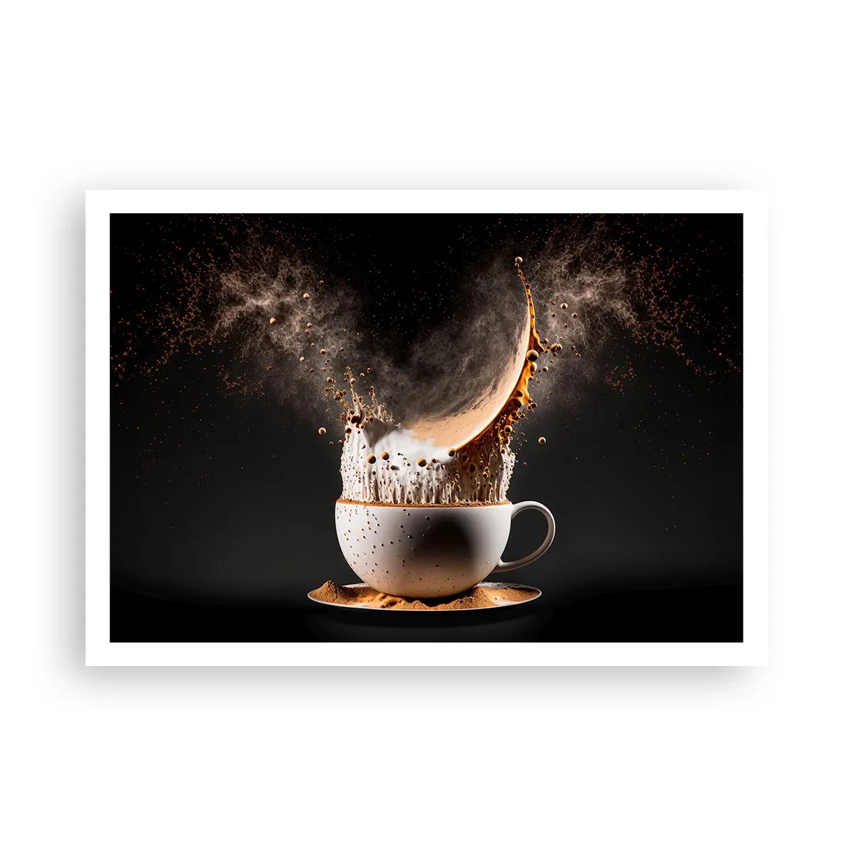 Poster - Una tazza di caffè con un'esplosione dinamica di liquido su uno sfondo nero. - 100x70cm - Esplosione di sapore - Decorazione murale moderna per soggiorno e camera da letto ARTTOR