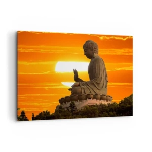 Quadro su tela - Stampe su Tela - Una statua buddista sullo sfondo di un tramonto arancione - 100x70cm - Senza paura davanti al mondo - Decorazione murale moderna per soggiorno e camera da letto ARTTOR