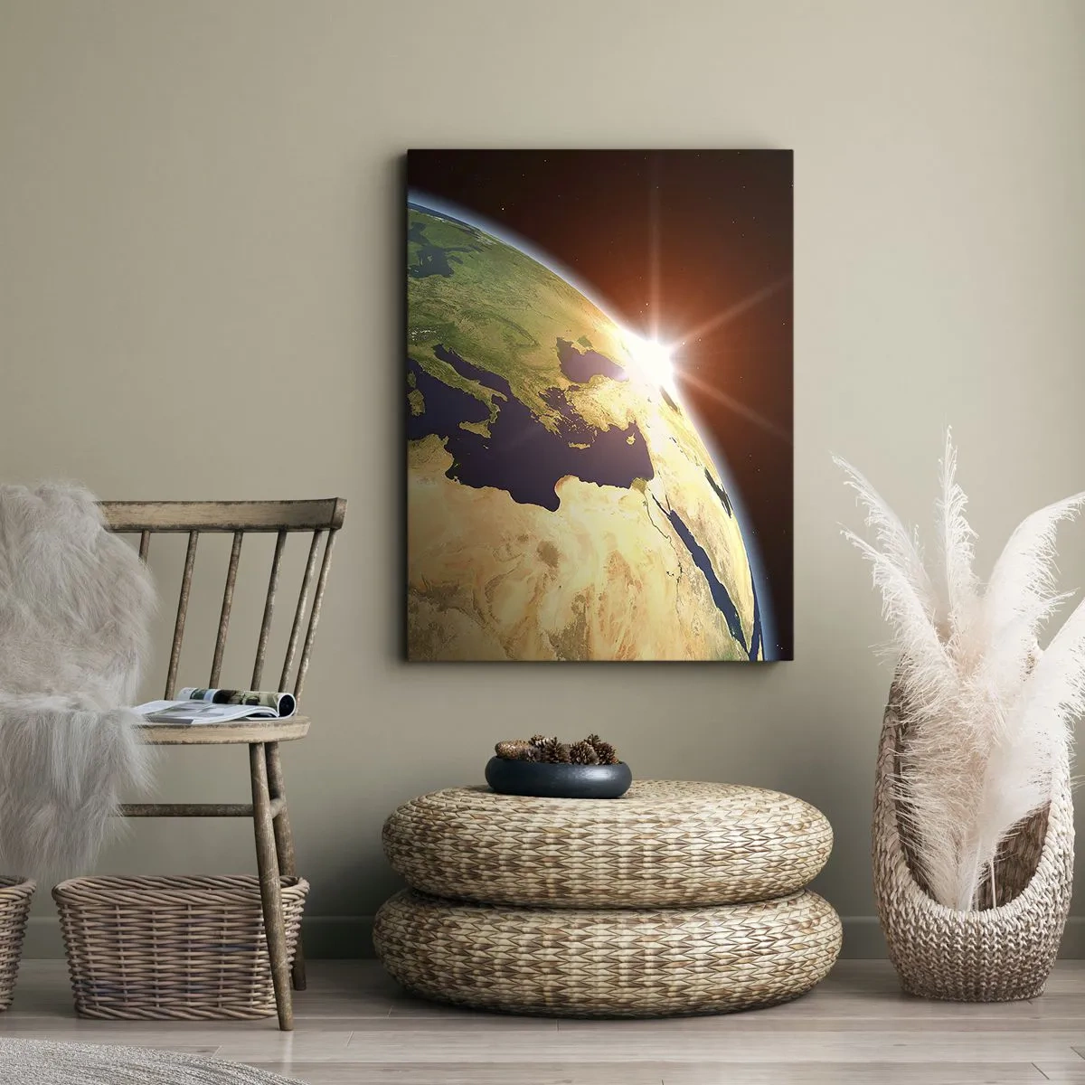 Quadro su tela - Stampe su Tela - Vista della Terra dallo spazio con i raggi del sole all'orizzonte - 50x70cm - Il sorgere del sole - Decorazione murale moderna per soggiorno e camera da letto ARTTOR