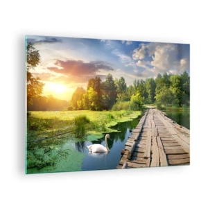 Quadro su vetro - Molo di legno su un lago con un cigno al tramonto - 70x50cm - Estate, estate ovunque - Decorazione murale moderna per soggiorno e camera da letto ARTTOR