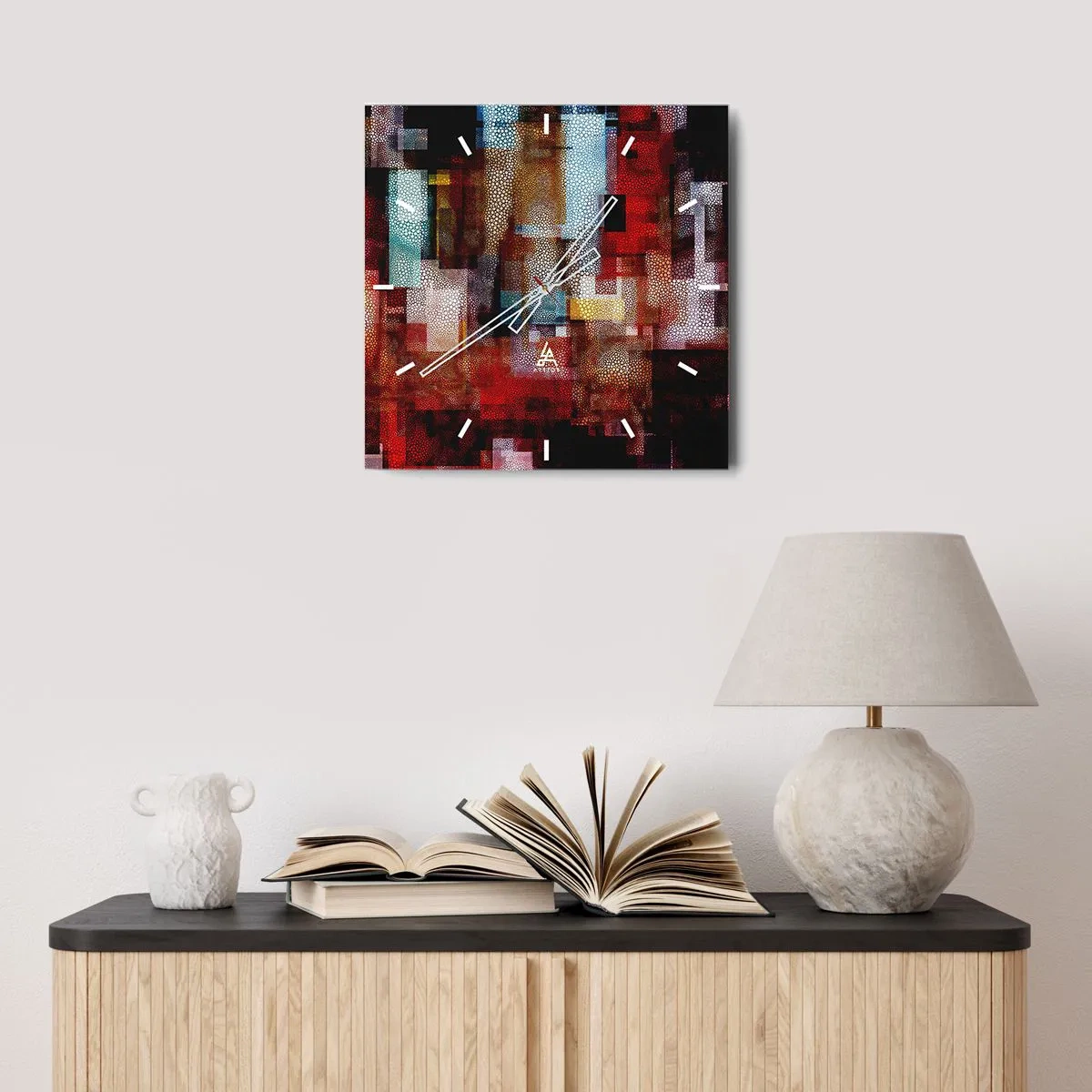 Orologio da parete - Orologio in Vetro - Astrazione geometrica in intense tonalità di rosso - 30x30cm - Confusione aggrovigliata - Decorazione murale moderna per soggiorno e camera da letto ARTTOR