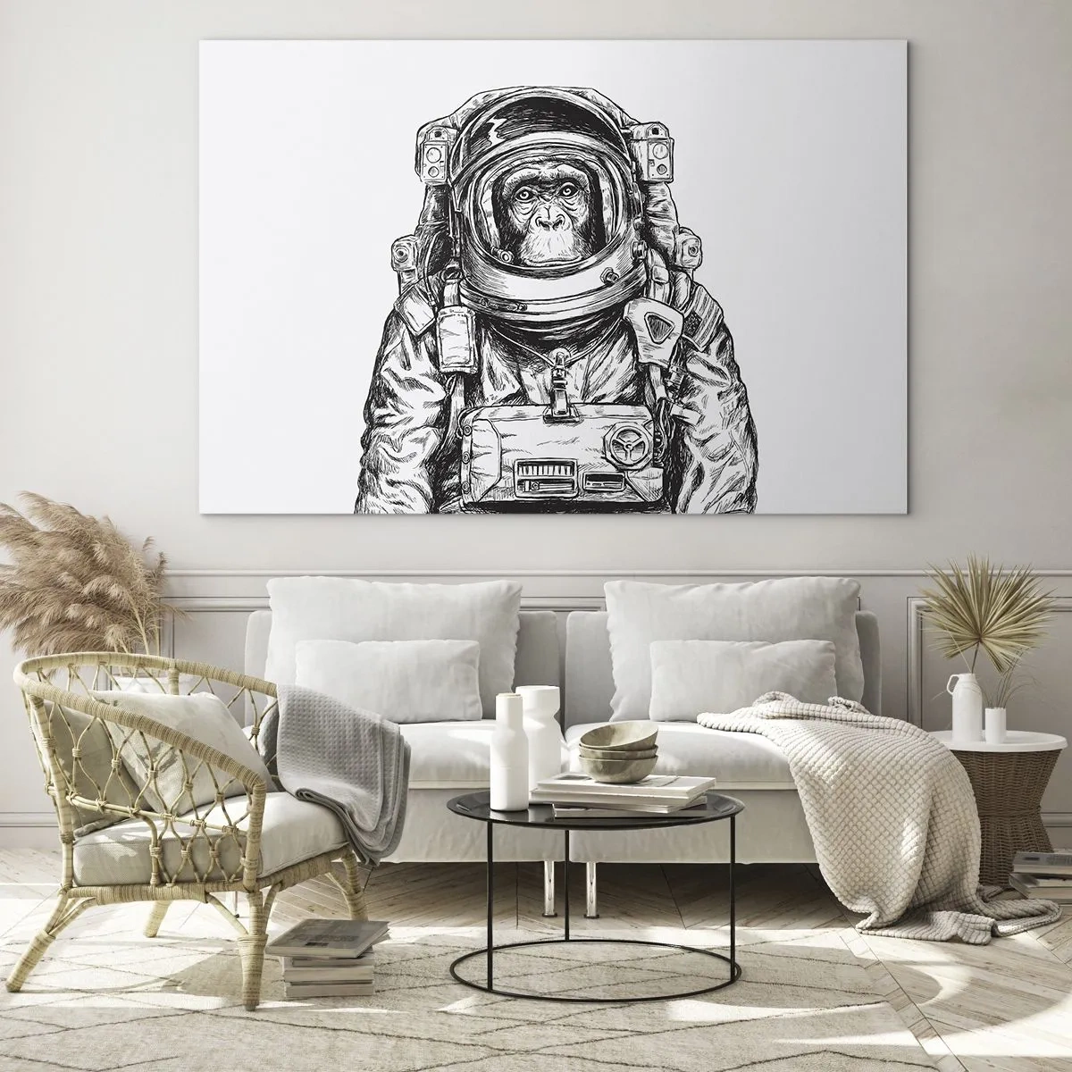Quadro su vetro - Schizzo di una scimmia in tuta da astronauta su sfondo bianco - 100x70cm - Evoluzione alternativa - Decorazione murale moderna per soggiorno e camera da letto ARTTOR