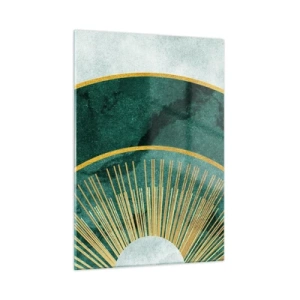 Quadro su vetro - Raggi dorati su uno sfondo di semicerchi verdi con struttura in marmo - 50x70cm - Un altro sistema solare - Decorazione murale moderna per soggiorno e camera da letto ARTTOR