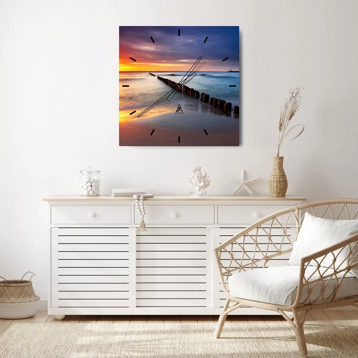 Orologio da parete - Orologio in Vetro - Tramonto sul mare con un frangiflutti in primo piano - 30x30cm - Ascolta il silenzio - Decorazione murale moderna per soggiorno e camera da letto ARTTOR