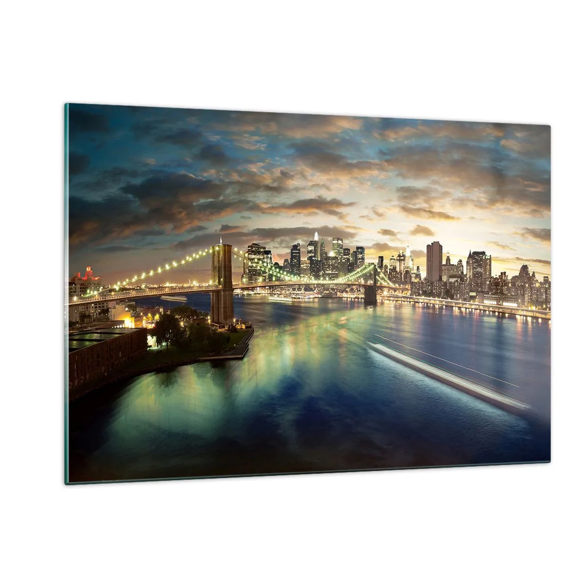 Quadro su vetro - Vista del ponte e della città al tramonto - 120x80cm - Il cielo luminoso sopra Manhattan - Decorazione murale moderna per soggiorno e camera da letto ARTTOR