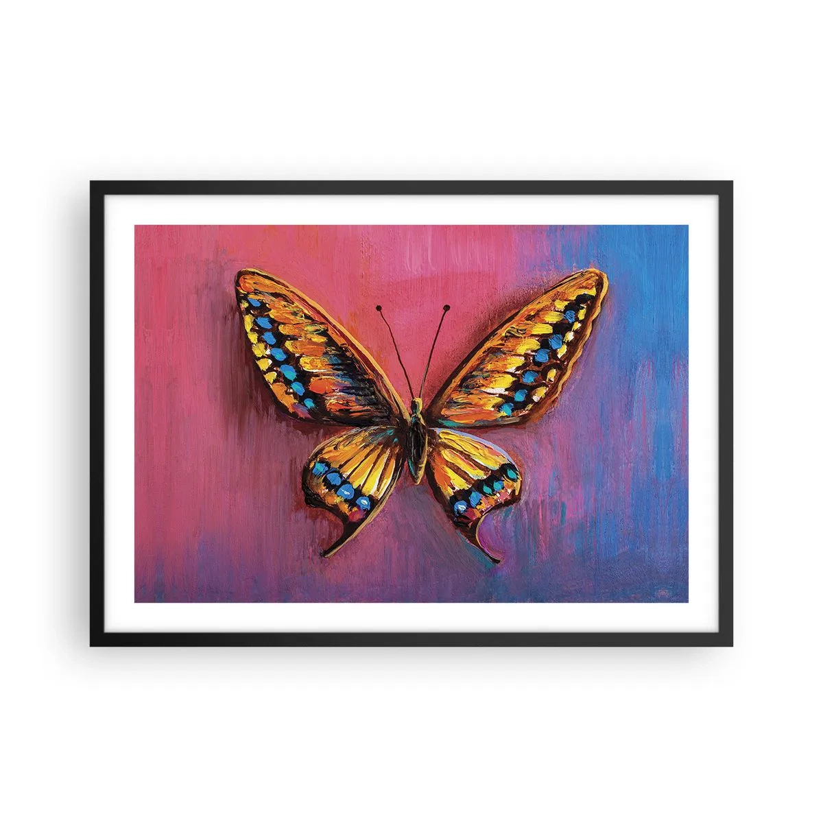 Poster in cornice nera - Farfalla colorata su uno sfondo astratto - 70x50cm - Gioielli della natura - Decorazione murale moderna per soggiorno e camera da letto ARTTOR