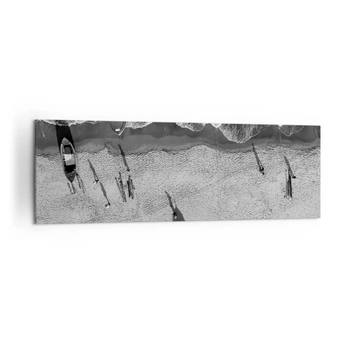 Quadro su tela - Stampe su Tela - Vista aerea in bianco e nero delle barche sulla spiaggia - 160x50cm - Ancora sulla riva... - Decorazione murale moderna per soggiorno e camera da letto ARTTOR