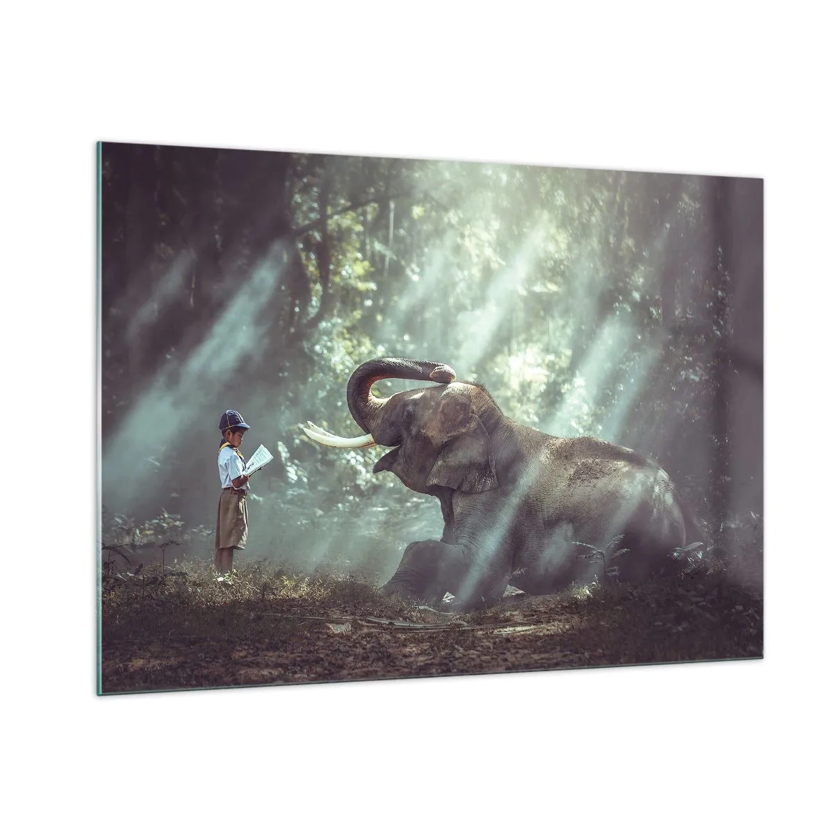 Quadro su vetro - Un ragazzo con un libro e un elefante in una foresta - 100x70cm - Ascoltalo… - Decorazione murale moderna per soggiorno e camera da letto ARTTOR
