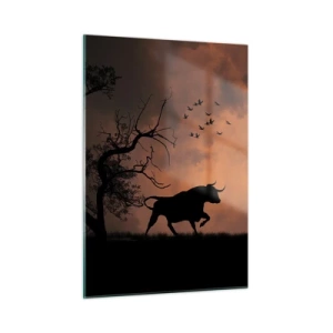 Quadro su vetro - Sagome di tori contro un cielo arancione al tramonto - 50x70cm - Drammatico spettacolo della natura - Decorazione murale moderna per soggiorno e camera da letto ARTTOR