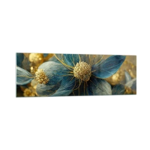 Quadro su vetro - Eleganti fiori nei toni del blu e dell'oro - 160x50cm - Fiorire d'oro - Decorazione murale moderna per soggiorno e camera da letto ARTTOR