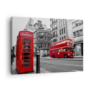 Quadro su tela - Stampe su Tela - Una cabina telefonica rossa e un autobus a due piani a Londra con la città sullo sfondo - 70x50cm - Il più rosso d'Europa - Decorazione murale moderna per soggiorno e camera da letto ARTTOR