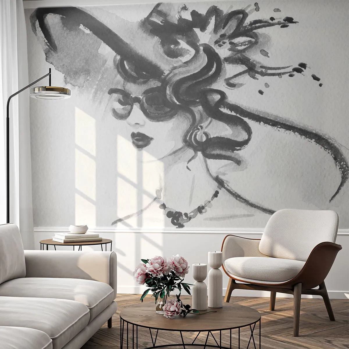 Fotomurali Premium Canvas - Donna di carattere - Donna In Un Cappello, Volto di donna, Bianco e nero - 300x210 cm