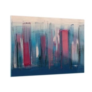 Quadro su vetro - Pennellate verticali in rosso e blu su sfondo beige - 100x70cm - Composizione verticale in blu e rosso - Decorazione murale moderna per soggiorno e camera da letto ARTTOR