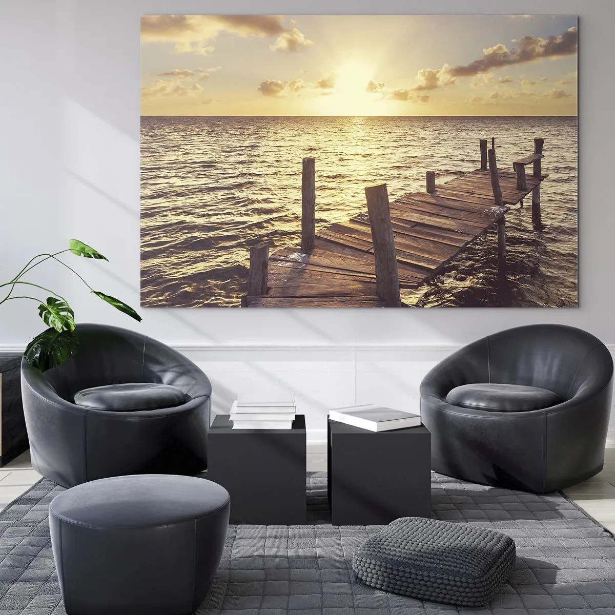 Quadro su vetro - Un molo di legno sullo sfondo del sole al tramonto - 70x50cm - Il paese dorato della mitezza - Decorazione murale moderna per soggiorno e camera da letto ARTTOR