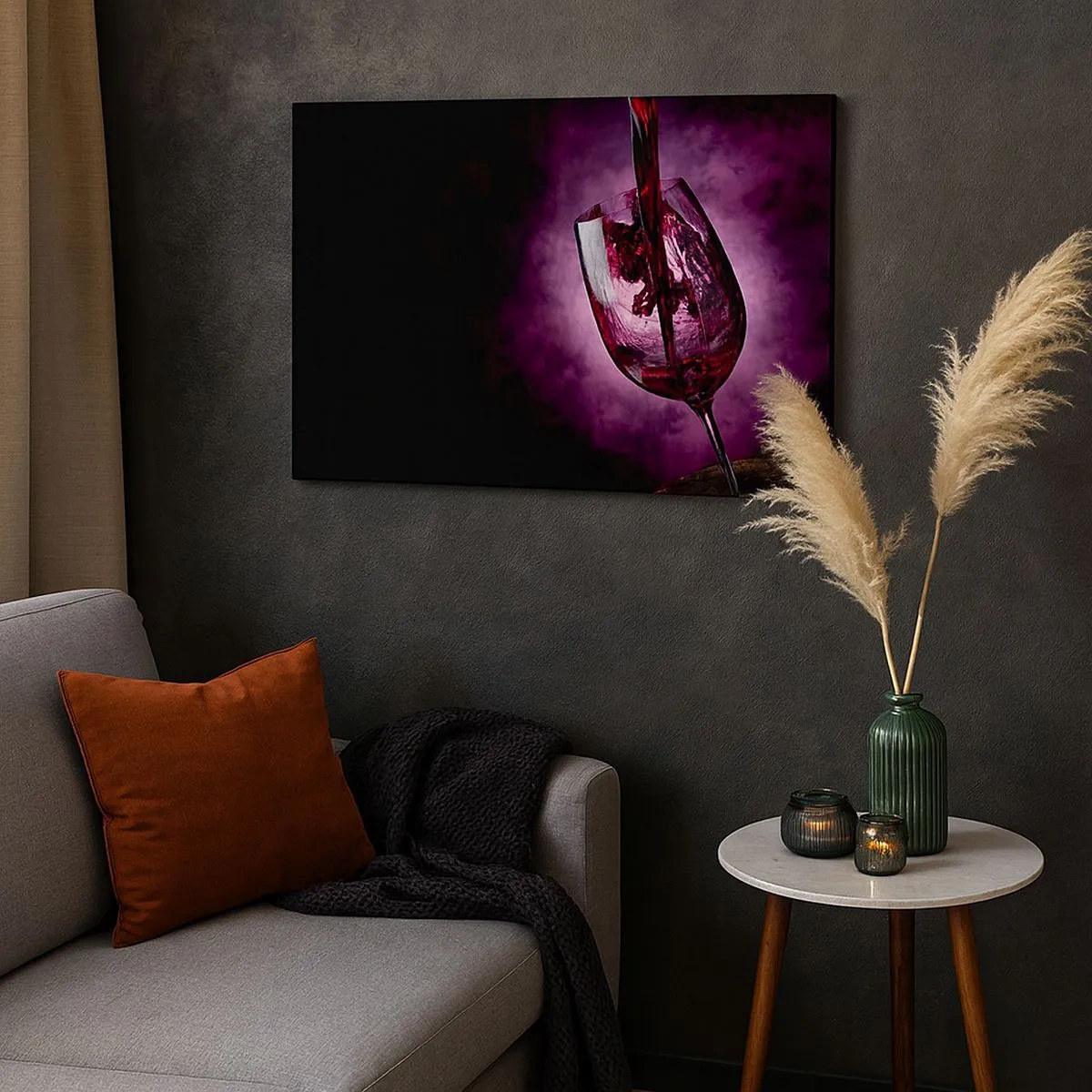 Quadro su tela - Stampe su Tela - Vino rosso versato in un bicchiere su uno sfondo di fumo viola - 70x50cm - Scarlatto? Carminio? No, rubino - Decorazione murale moderna per soggiorno e camera da letto ARTTOR