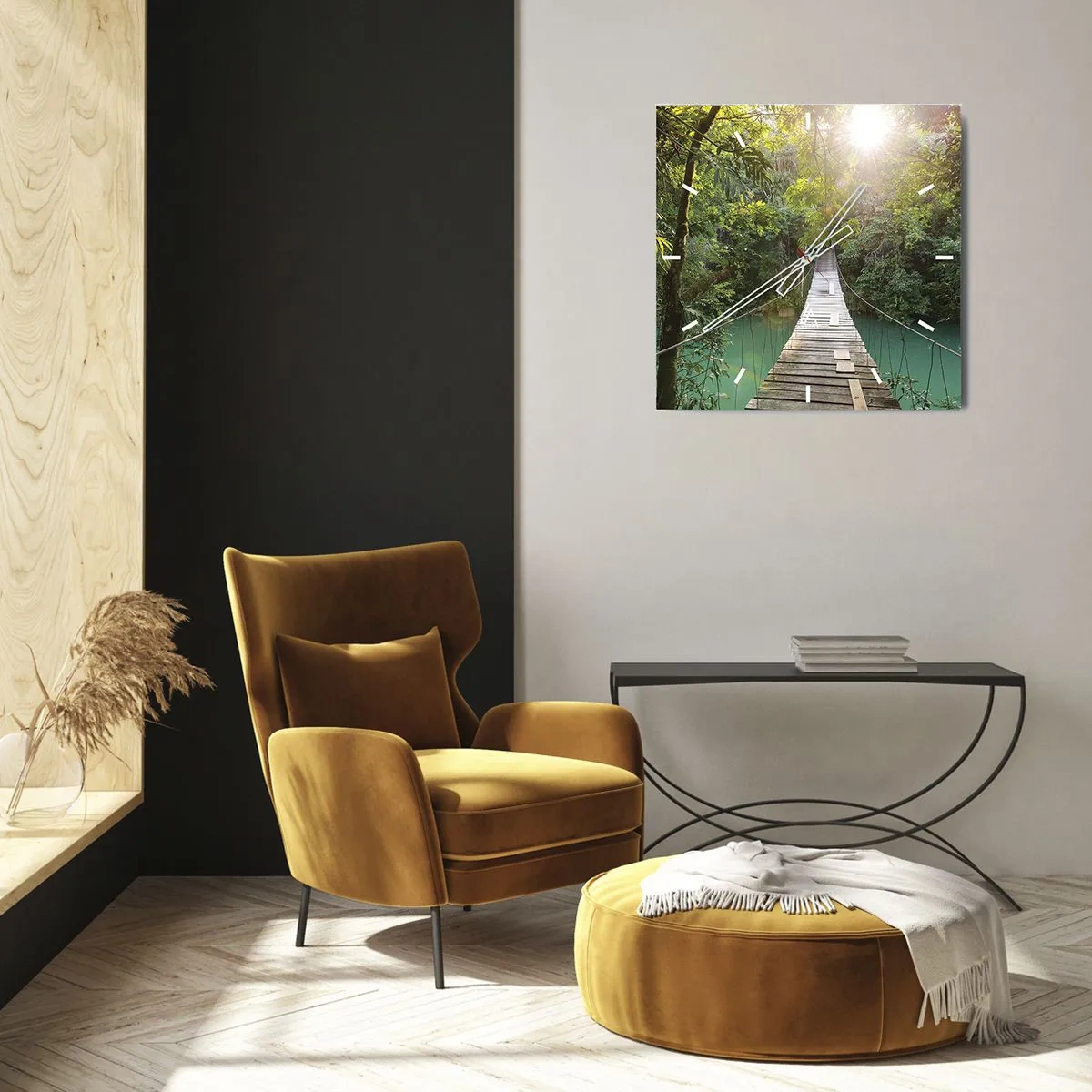 Orologio da parete - Orologio in Vetro - Un ponte sospeso in una foresta tropicale illuminato dalla luce del sole. - 30x30cm - Sull'acqua azzurra verso il bosco azzurro - Decorazione murale moderna per soggiorno e camera da letto ARTTOR