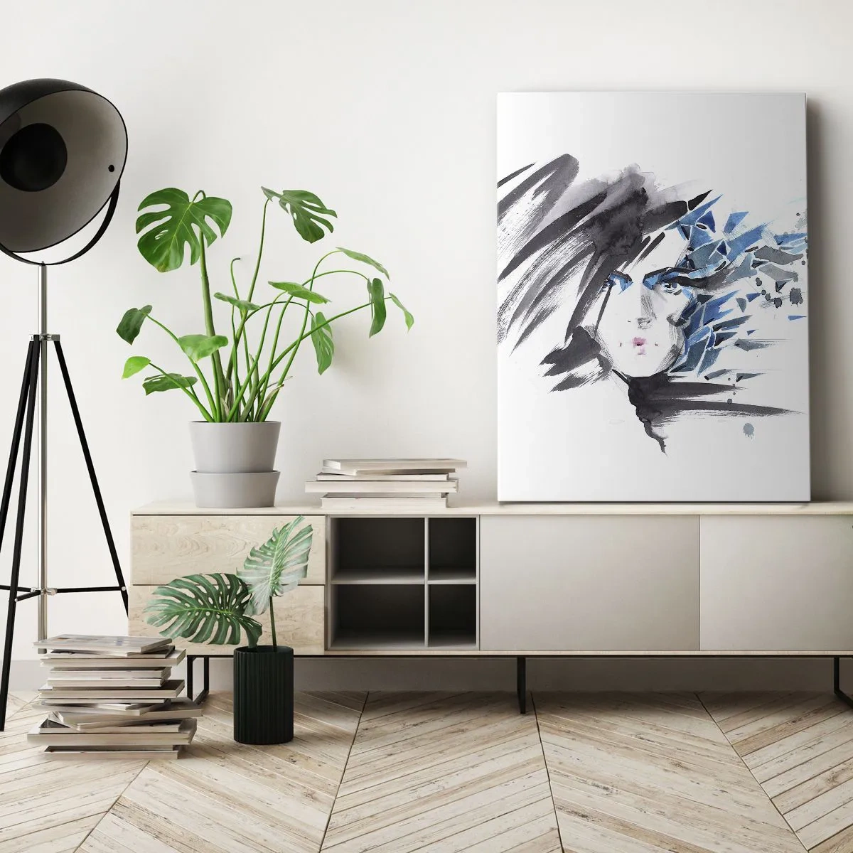 Quadro su tela - Stampe su Tela - Pittura artistica del viso ad acquerello con accenti blu - 50x70cm - Ritratto di sensualità in grigio e azzurro - Decorazione murale moderna per soggiorno e camera da letto ARTTOR