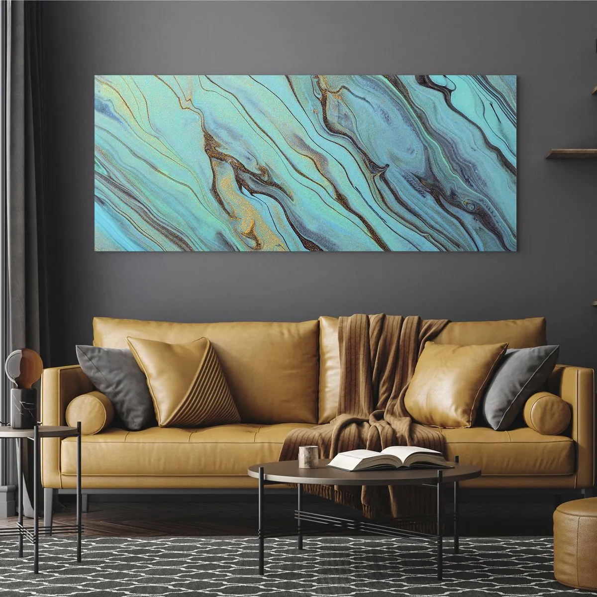 Quadro su vetro - Onde astratte nei toni del turchese e dell'oro - 140x50cm - Marea turchese - Decorazione murale moderna per soggiorno e camera da letto ARTTOR