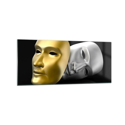 Quadro su vetro - Maschera in oro e argento su sfondo nero - 120x50cm - La vita è teatro - Decorazione murale moderna per soggiorno e camera da letto ARTTOR