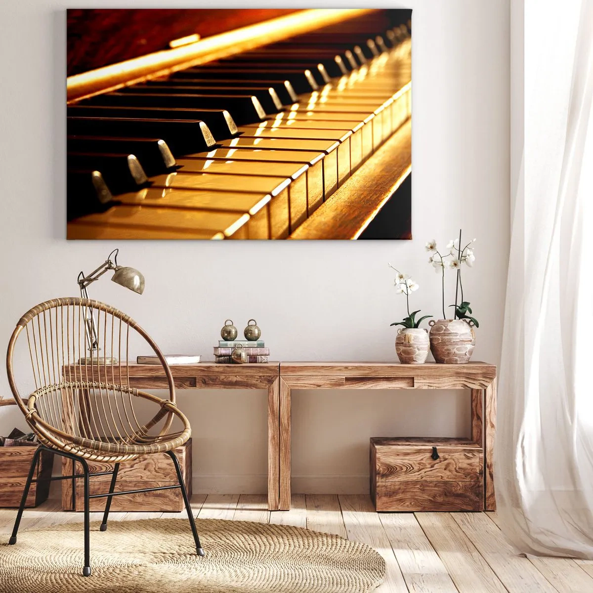 Quadro su tela - Stampe su Tela - Tastiera di pianoforte illuminata da luce dorata - 100x70cm - Possibilità illimitate - Decorazione murale moderna per soggiorno e camera da letto ARTTOR