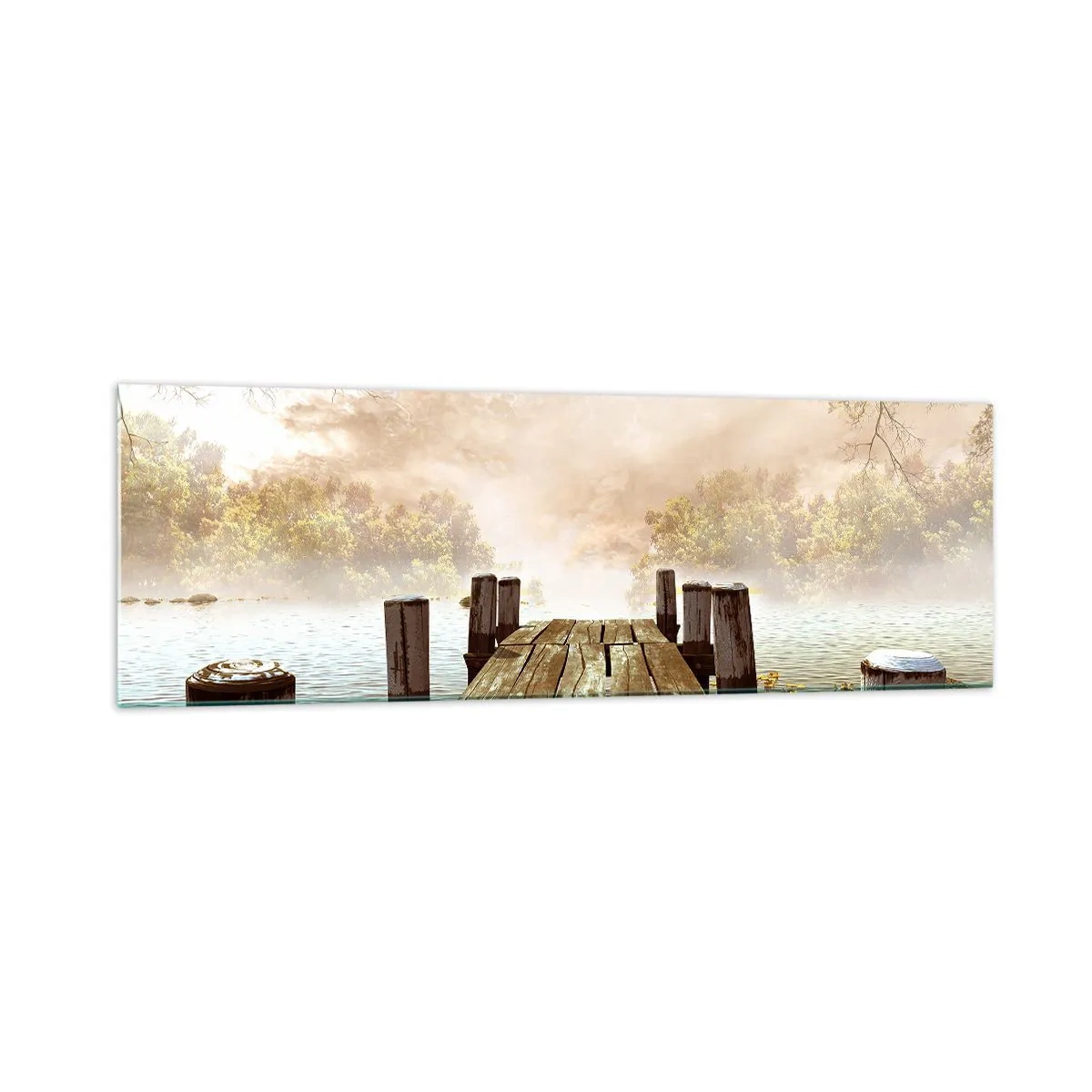 Quadro su vetro - Un molo di legno che conduce a un lago calmo nella nebbia mattutina - 160x50cm - La mite melanconia autunnale - Decorazione murale moderna per soggiorno e camera da letto ARTTOR