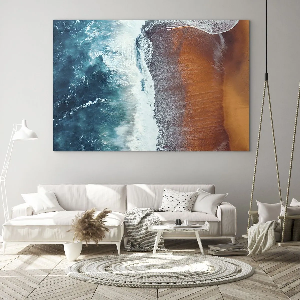 Quadro su vetro - Vista aerea della superficie dell'oceano e della riva della spiaggia - 120x80cm - Il tocco dell'oceano - Decorazione murale moderna per soggiorno e camera da letto ARTTOR